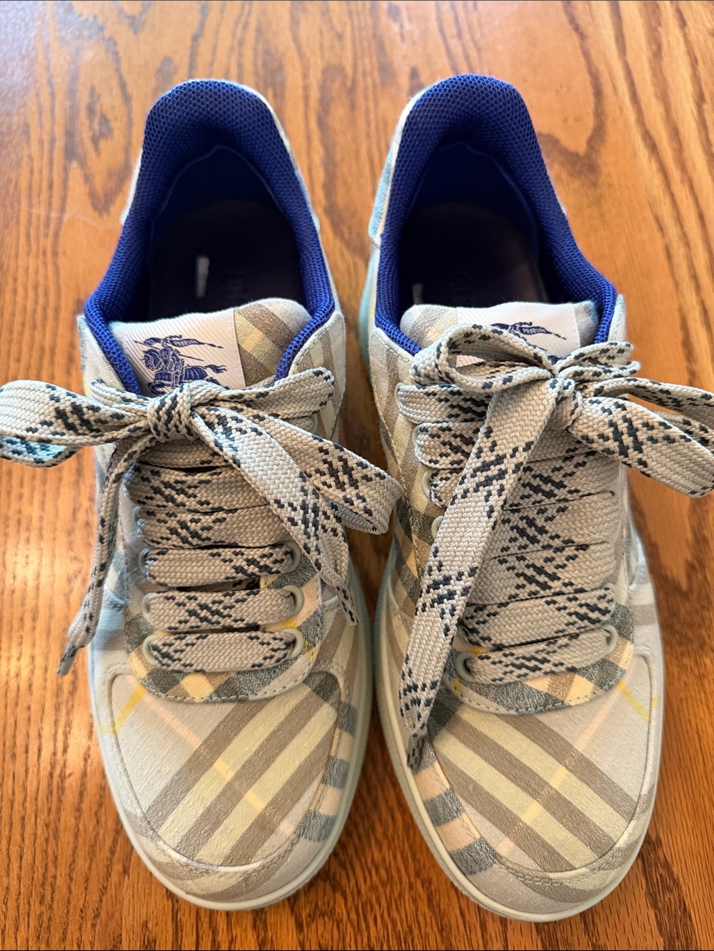 Burberry Beige Plaid Low-Top Sneakers with Blue Lining and Yellow Accents